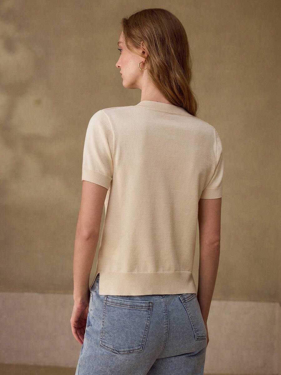 MOTF PREMIUM WOMEN'S CONTRAST LACE SHORT SLEEVE KNIT TOP - Apricot - View 2