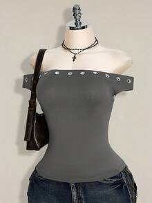 SHEIN ICON Blusa gris con acentos metálicos y hombros descubiertos para mujer de talla grande - Gris - Ver 5