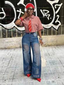 Slaydiva Women's Fashion High Waist Wide Leg Washed Denim Jeans - Blue - View 5