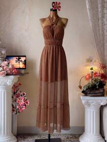 Lyxana Shiny Adjustable Pleated Hollow Sleeveless Metal Decor Elegant Casual Sexy Waisted Dress For Beach, Suitable For Seaside Outfit - Rust Brown - View 3