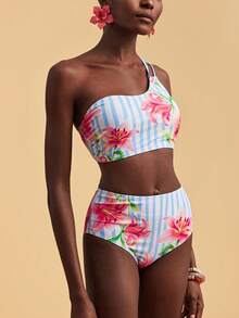 Travachic Conjunto de traje de baño con estampado floral y de rayas para mujer, ideal para vacaciones y playa - Multicolor - Ver 6