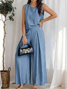 SHEIN 儿童夏季套装，少女纯色圆领背心和褶皱阔腿休闲两件套，夏季度假女士两件套阔腿裤套装，休闲两件套，亚麻两件套，蓝色两件套，无袖上衣和裤子套装，蓝色两件套，青少年套装 - 藍色 - 查看 1