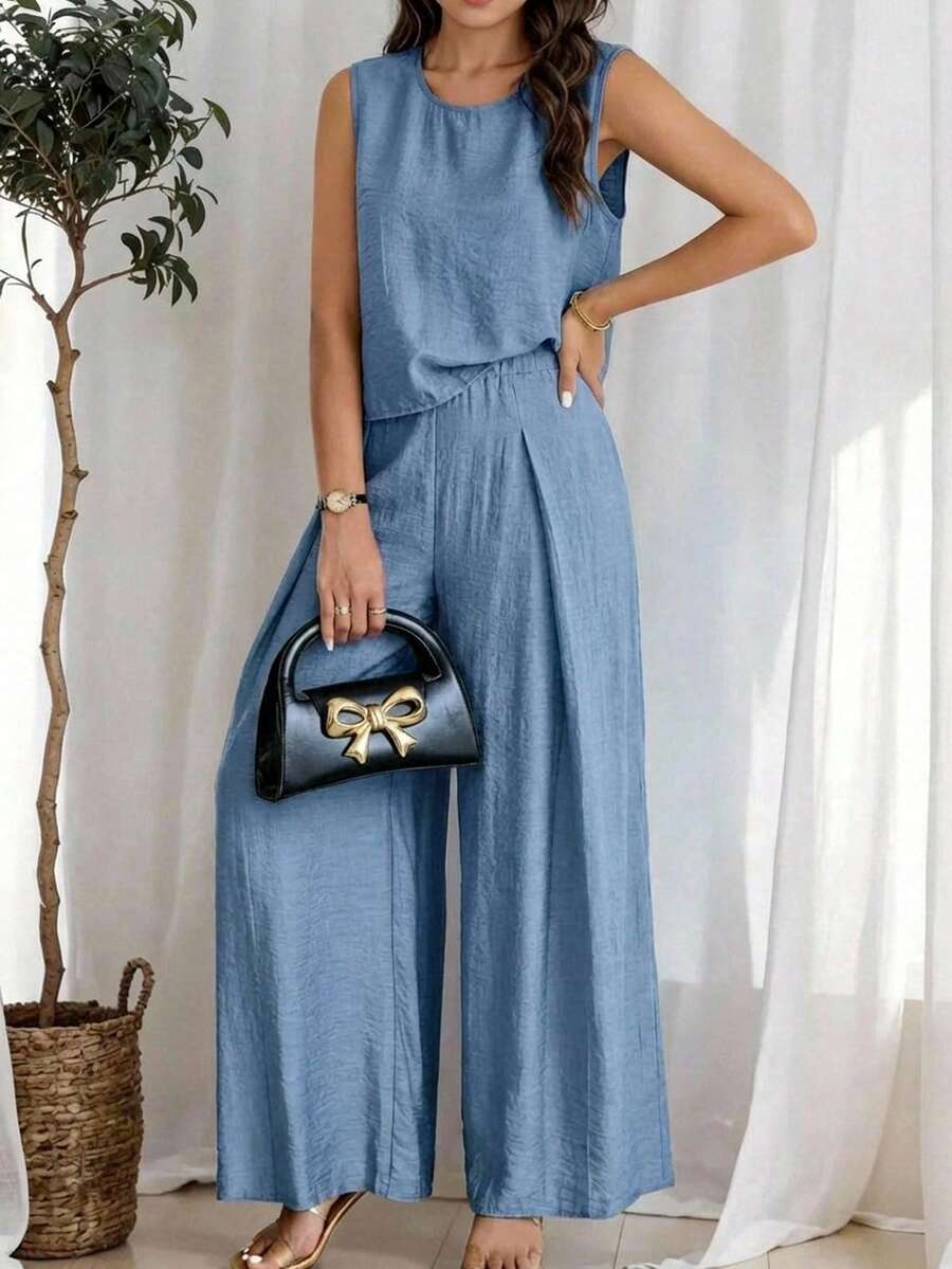 SHEIN 儿童夏季套装，少女纯色圆领背心和褶皱阔腿休闲两件套，夏季度假女士两件套阔腿裤套装，休闲两件套，亚麻两件套，蓝色两件套，无袖上衣和裤子套装，蓝色两件套，青少年套装 - 藍色 - 查看 1