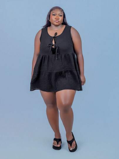 CurvyTilda Vestido mini negro de algodón con lazo delantero y sin mangas, versátil y casual, talla grande