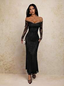 SHEIN PETITE 女士纯黑色蕾丝单肩修身鱼尾约会派对连衣裙 - 黑色 - 查看 4