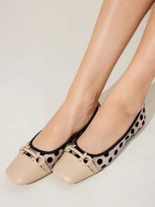 CUCCOO CHICEST 方头乐福鞋，软底网布拼接搭扣，时尚优雅百搭舒适平底杏色鞋 - 杏色 - 查看 5