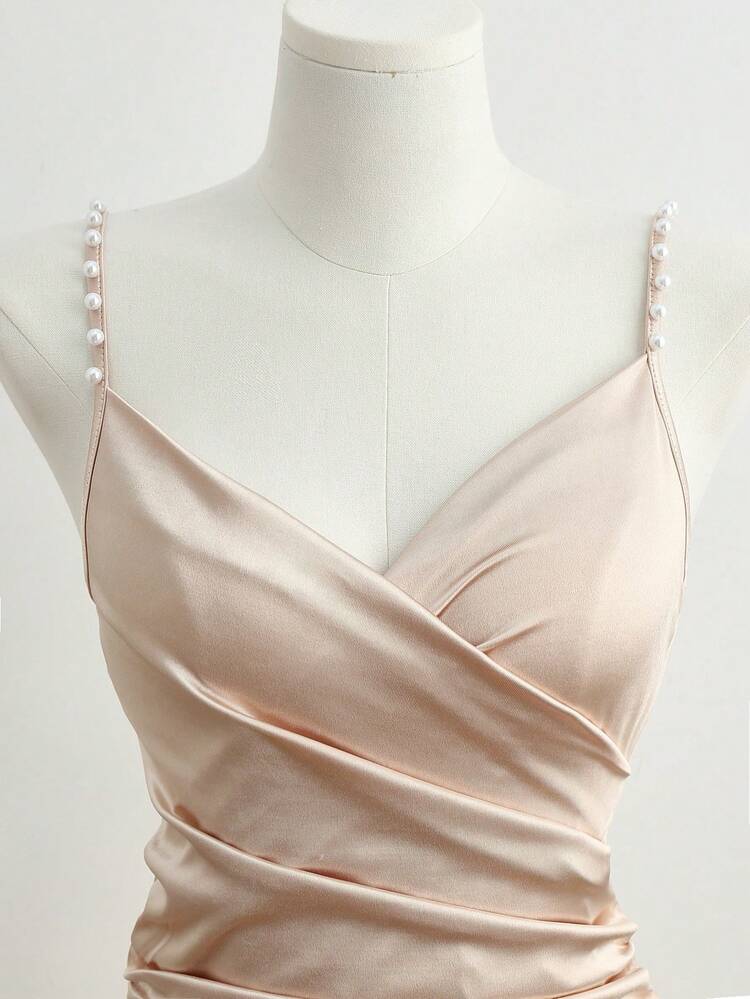 GlowEve CURVE Vestido de satén champán con escote cruzado de estilo romántico francés, cintura ceñida, abertura y cuentas, elegante vestido de satén para invitada de boda, dama de honor, fiesta elegante, cita de San Valentín, nuevo lanzamiento de primavera/otoño para mujer - Champán - Añade 4