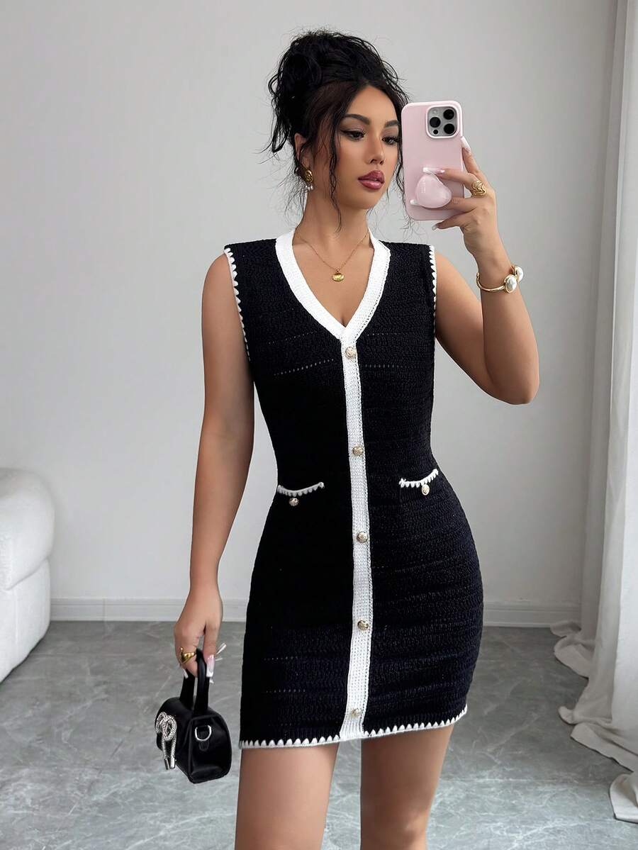 Elenzga Women's Contrast Trim V-Neck Sleeveless Fitted Knit Dress, Spring/Summer - Black - View 1