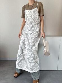 FRIFUL Women's Solid White Sheer Lace Fabric Layered Loose Casual Dress Maxi Dress - White - View 7
