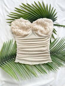 Soleia 女士纯色褶皱3D玫瑰抹胸露脐上衣，情人节夏季女士花朵奶油色抹胸上衣，奶油色上衣，约会，情人节，下午茶，海滩，邮轮，城市度假，音乐节，派对，波西米亚风度假，音乐节，海滩俱乐部泳池派对女士褶皱抹胸上衣，带胸罩的抹胸上衣，蕾丝抹胸上衣，情人节性感创意 - 杏色 - 查看 3