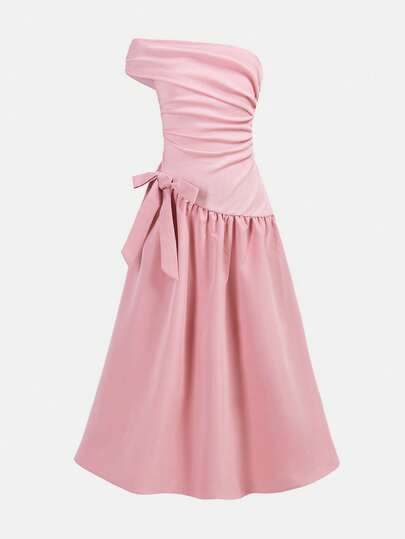 SHEIN Girlism Tween Girls Partywear ,Elegant Pleated Off-Shoulder Long Solid,Elegant Asymmetrical Hem Long Slanting Shoulder Dress, Dress