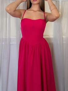 Aless PB Fashionable & Versatile Party Date Strappy Cinched Waist Flowy Dress For Women, Autumn/Winter - Hot Pink - View 4