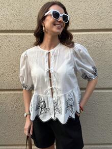 Solivie 女士印花系带休闲百搭日常短袖衬衫 - 杏色 - 查看 7