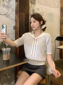 DAZY 女士撞色爱心系带短袖针织上衣，甜美风格，夏季百搭 - 杏色 - 查看 4