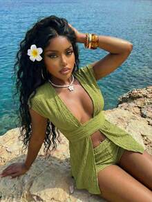 Slaydiva 早春新款，春夏音乐节，情人节，复活节休闲风，简约基础款，Y2K街头甜美风，畅销款，日常约会，辣妹风，性感，运动时尚风，缎带装饰，腰带设计，露脐上衣+超短裤，热裤，紧身短裤，浅绿色套装，纹理面料，女士两件套 -A - 橄欖綠 - 查看 3