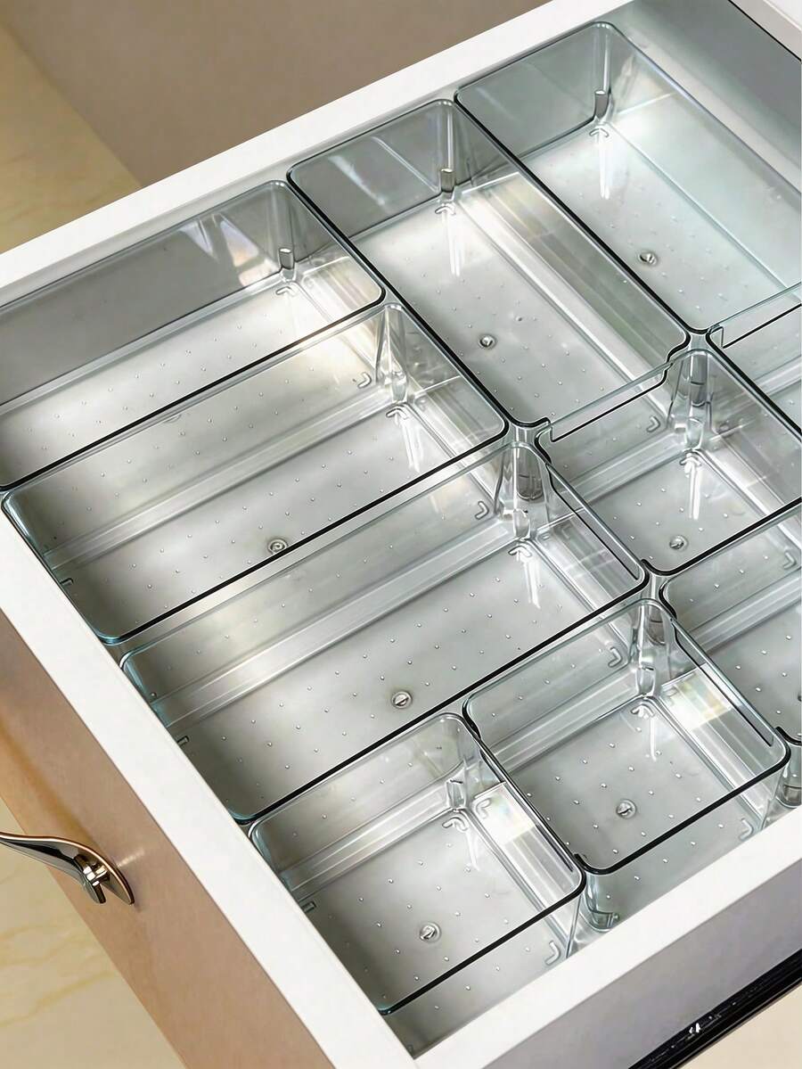 SHEIN Drawer Desktop Cosmetics Storage Box, 2PCS/6PCS Combination Clear Plastic Drawer Organizer Set,Transparent Dresser Storage Box, Exquisite Storage Box,Desk Drawer Divider Organizers And Storage Bins For Makeup, Jewelry, Gadgets For Kitchen, Bedroom, Bathroom, Office Christmas For Holiday Gift Giving - transparent black - View 1