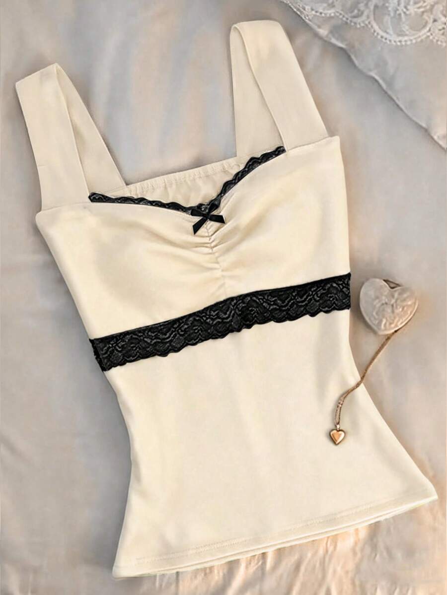 SHEIN Áo nữ dây dày, phối ren tương phản, thắt nơ trang trí - Màu be - Xem 1
