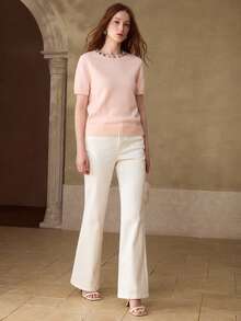 MOTF PREMIUM WOMEN'S RHINESTONE EMBELLISHED SHORT SLEEVE KNIT TOP - Pink - View 5