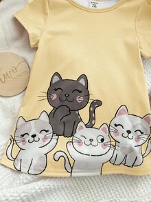 Babygirl Cute Pink Cartoon Print Short Sleeve Dress, Spring/Summer - Yellow - View 4