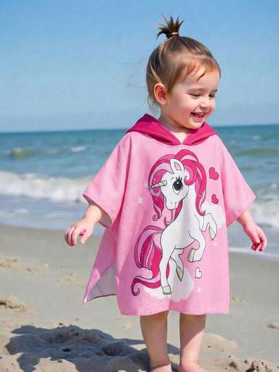 SHEIN Babygirl's Cute And Casual Pink Cartoon Pattern Hooded Loose Swimsuit Cover-Up