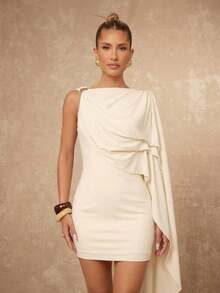 Lumalex 女士优雅休闲杏色圆领系带金属装饰纽扣无袖修身喇叭短连衣裙，春夏款 - 杏色 - 查看 9