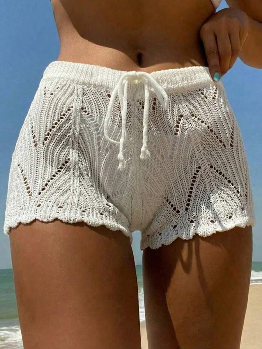 SHEIN 少女白色沙滩罩衫裤短裤套装，适合春夏度假 - 米色 - 查看 1