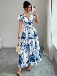 GlowEve 新款女式连帽袖口及腰部抽绳设计梭织印花优雅修身度假风连衣裙 - 彩色 - 查看 5