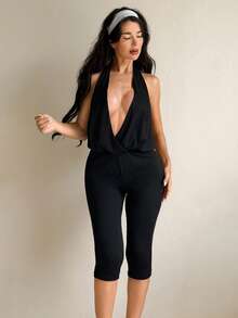 SHEIN Unity Women's Solid Color Deep V-Neck Backless Sexy Halter 3/4 Length Jumpsuit - Black - View 5