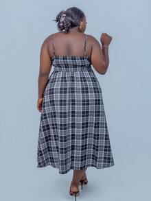 CurvyTilda Plus Size Black Brushed Plaid Sleeveless Dress, For Summer Party, For Hourglass Body Shape - Black and White - View 2
