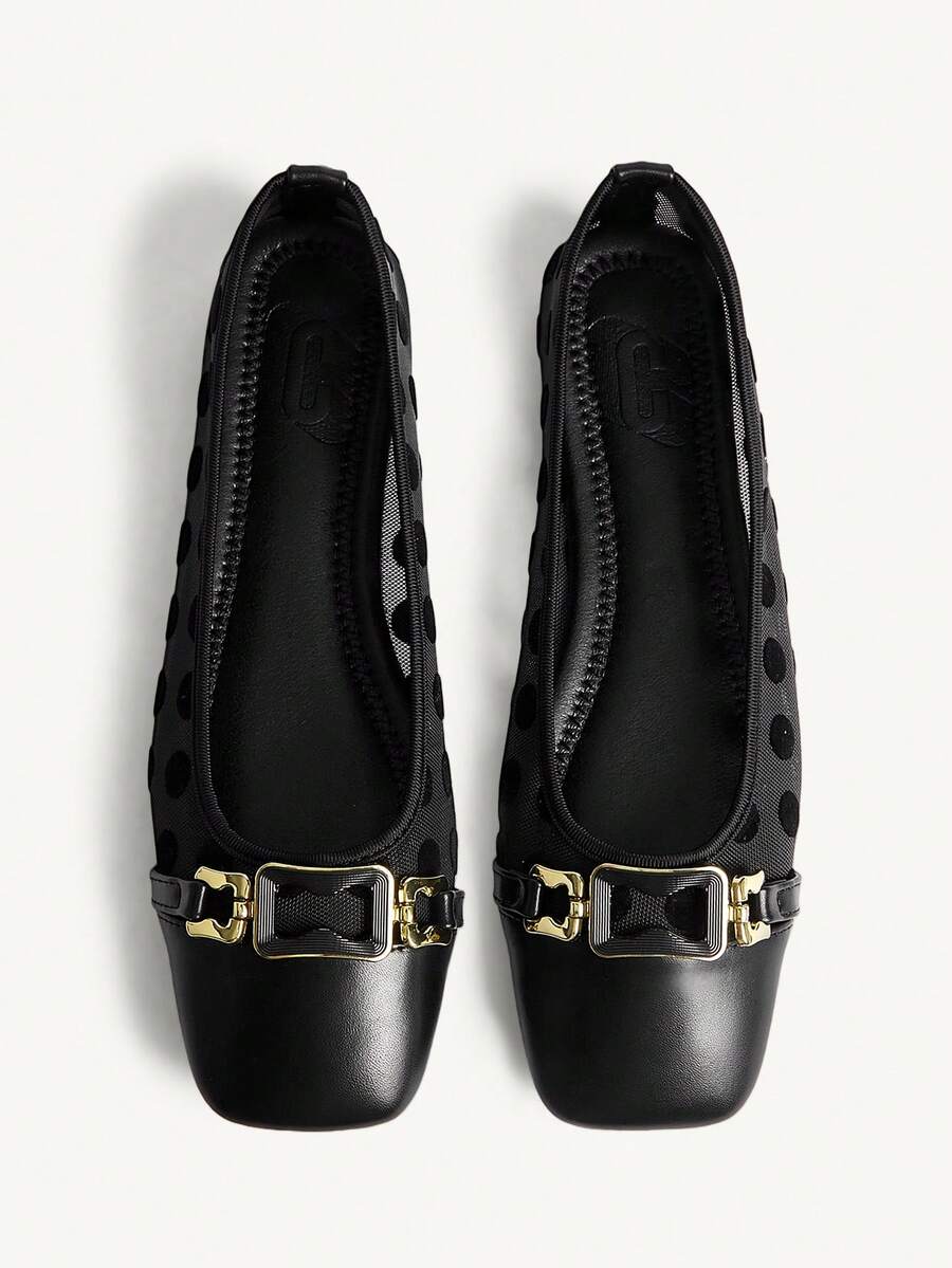 CUCCOO CHICEST Square Toe Loafers, Soft Sole Mesh Strap Fashionable Elegant Versatile Comfortable Slip-On Apricot Flat Shoes - Black - View 1