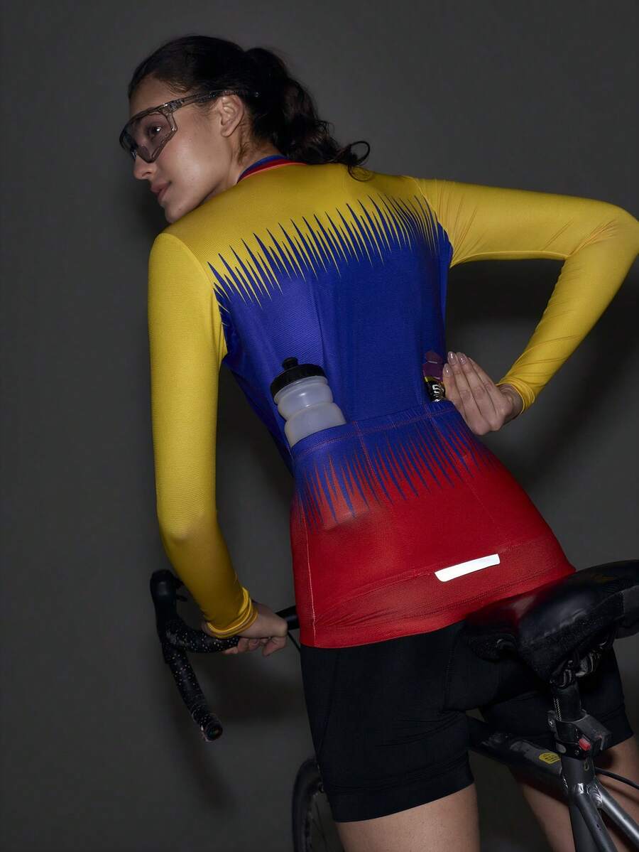 Exploreva 黄蓝火焰图案 - 女款长袖骑行服 - 彩色 - 查看 1