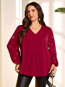Miaspire Women's Plus Size Burgundy Elegant Blouse,Formal V-Neck Faux Pearl Decor Lantern Sleeve Solid Color Top For Autumn Winter Christmas New Year Cozy - Burgundy - View 6
