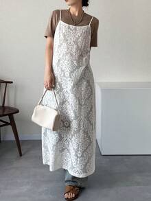 FRIFUL Women's Solid White Sheer Lace Fabric Layered Loose Casual Dress Maxi Dress - White - View 6