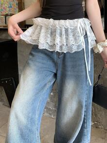 FRIFUL 女士褶裥多层蕾丝网纱系带蝴蝶结荷叶边半身裙，百搭沙滩度假装 - 白色 - 查看 4