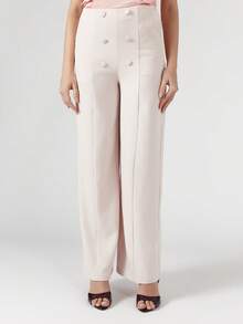 OverBlushhh Damen hellrosa geschnittene weite Palazzo Hose, Hoher Bund Hose Anzug, Knopfdetail, Seitentasche, elegante Bürokleidung, Büro, Hochzeitsgast, Frühling - Pink - Übersicht 1