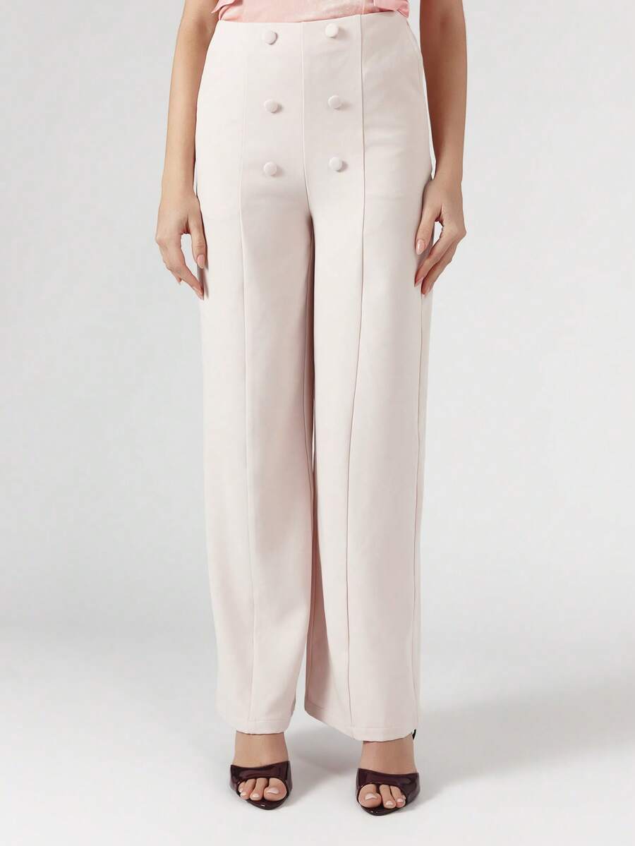 OverBlushhh Damen hellrosa geschnittene weite Palazzo Hose, Hoher Bund Hose Anzug, Knopfdetail, Seitentasche, elegante Bürokleidung, Büro, Hochzeitsgast, Frühling - Pink - Übersicht 1