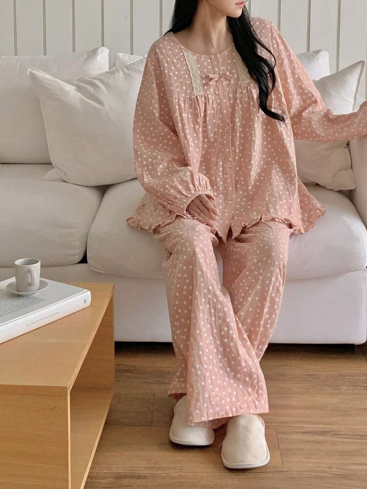 Sweet Floral Lace Trim Ruffle Hem Lantern Sleeve Loose Women Pajama Set