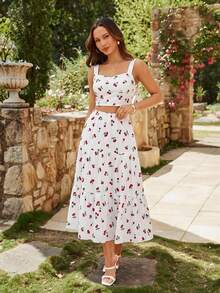 红色极简主义面料中长裙，非常适合打造休闲春假造型，休闲穿着，小碎花印花女士中长裙。 - 紅白色 - 查看 4