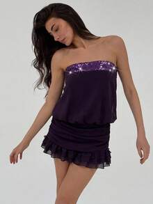 Aloruh Đầm mini ôm sát gợi cảm màu tím trơn đính sequin, phối nhiều mảng màu, dáng suông xếp nếp, thích hợp cho tiệc tùng, lễ tốt nghiệp, tựu trường, dạ hội. - Màu tím - Xem 2