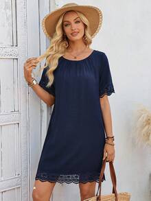 EMERY ROSE Đầm ngắn nữ màu trơn, viền ren, kiểu dáng thường ngày, thích hợp cho kỳ nghỉ. - Xanh đậm - Xem 6