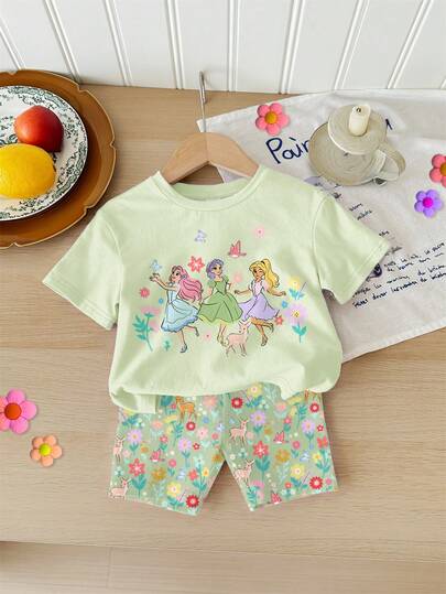 SHEIN Mint Green, Twirl Into Spring, Sweet Cute Princess, Bohemian Floral, Print, Floral, Young Girl Casual Soft Loose Round Neck Short Sleeve T-Shirt And Snug Fit Cycling Shorts, Suitable For Spring/Summer Daily, Home, Holiday, Festival, Spring Vibes, Summer Vibes, Spring & Summer Outfits For Easy Comfort, Stylish Little Girl Set, Casual Wear, Princess, Flower Graphic T-Shirt Set, Spring & Summer Set, New Style, Chill Chill, Spring Vibes, Chill Summer