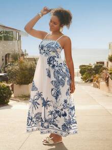 Travachic 大码女式蓝白海洋生物海星贝壳印花连衣裙，吊带收腰A字长裙，海岛度假休闲印花连衣裙，夏季中长连衣裙，蓝白吊带裙，度假连衣裙，女士吊带裙，热带印花连衣裙，波西米亚风连衣裙，女士度假连衣裙，海岛度假套装，哈瓦那套装，夏季套装，春季套装，沙滩套装 - 藍白色 - 查看 5