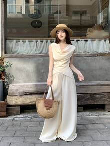 DAZY 2pcs Women Satin Crinkle Tie-Neck Blouse And Relaxed Pants Suit, Elegant Set Short Sets For Women Summer - Apricot - View 5