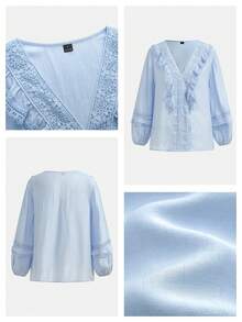 Maija Chic And Cool Women's Blue Ruffled Lace Patchwork Loose Casual Blouse Baby Blue Top Women Spring Summer Beach Outfits Women's Blouses For Summer Light Blue Top Ruffle Blouse Light Blue Blouse - Blue - View 8