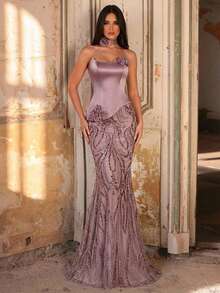 Glamrae Falda de sirena de satén fruncido con empalme de malla bordada con perlas elegante y lujosa, adecuada para boda, fiesta, vacaciones, baile, vestido de noche (bordado pesado) - Rosa - Ver 7