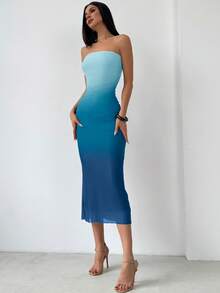 Aloruh 漸變網格印花修身連衣裙，美式風格 - 藍色 - 查看 5