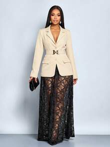 SOLERSUN 女士时尚商务休闲金属腰带西装外套和蕾丝裙（随机花卉图案） - 杏色 - 查看 7