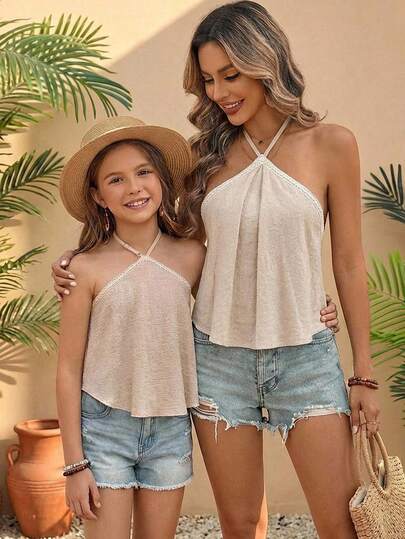 Travachic KIDS Tween Girls' Summer Casual Versatile Light Khaki Bow Tie Halter Top Mommy And Me Matching Outfit Vacay Fits Summer Tops Teen Girls