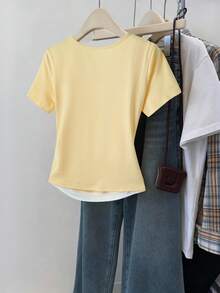 SHEIN Franclia 女士修身撞色短袖T恤，黄色，春夏款 - 黃色 - 查看 2