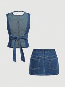 Sweetra Fashionable Casual Women Elegant Sleeveless Top Paired With Denim Skirt Suit - Medium Wash - View 2